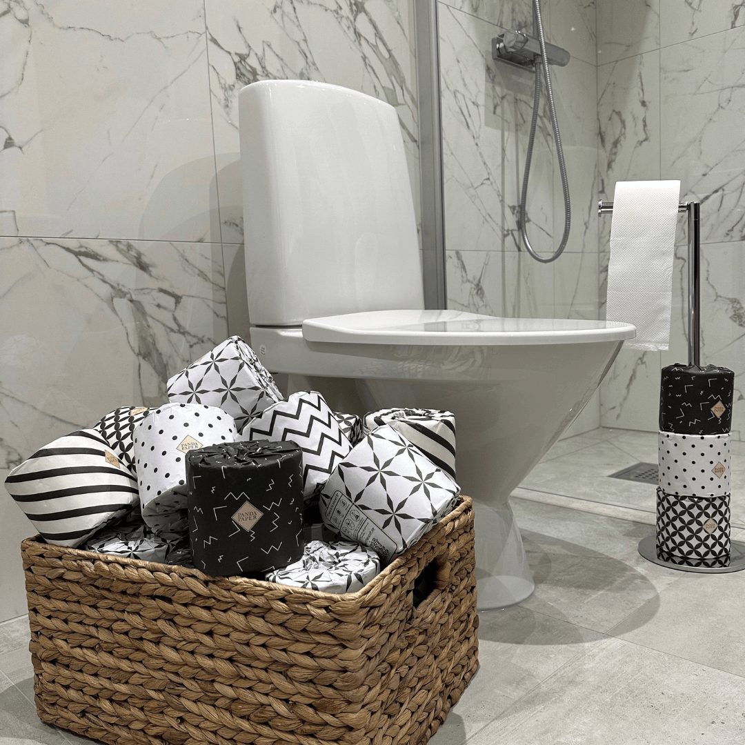 Lyxigt badrum med Panboo Paper bambu toalettpapper i elegant korg - heminredningsinspiration