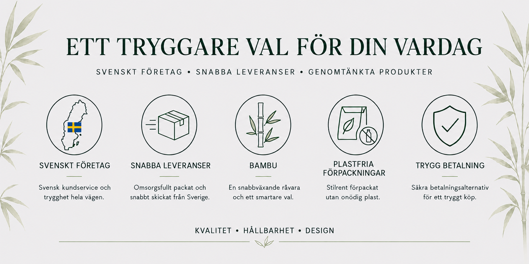 Fördelar med Panboo Paper: svenskt företag, snabba leveranser, bambu, plastfria förpackningar och trygg betalning
