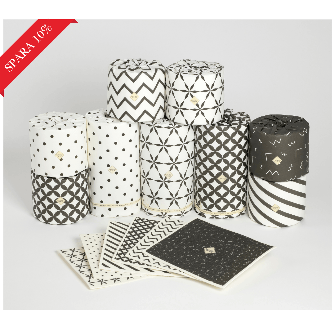 Familjepaketet från Panboo Paper utpackat - lyxigt inslagna bambu toalettpapper, hushållspapper och disktrasor, spara 10%