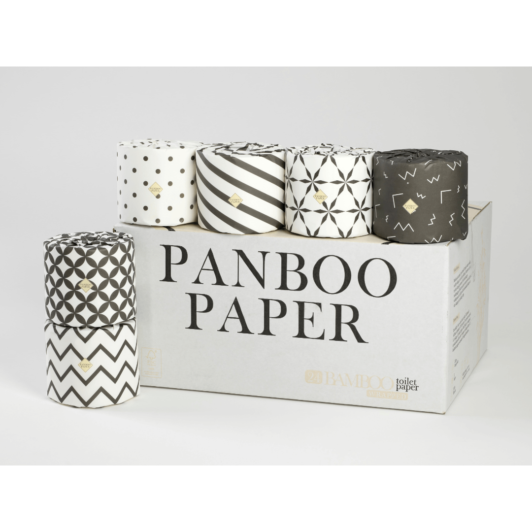 Bambu toalettpapper från Panboo Paper med lyxigt inslagna rullar på elegant förpackning