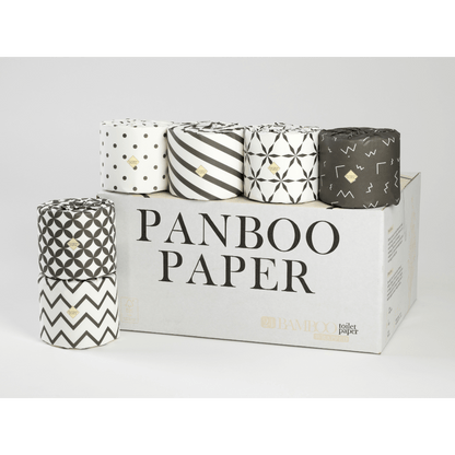 Bambu toalettpapper från Panboo Paper med lyxigt inslagna rullar på elegant förpackning