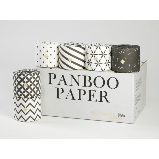 Bambu toalettpapper från Panboo Paper med lyxigt inslagna rullar på elegant förpackning