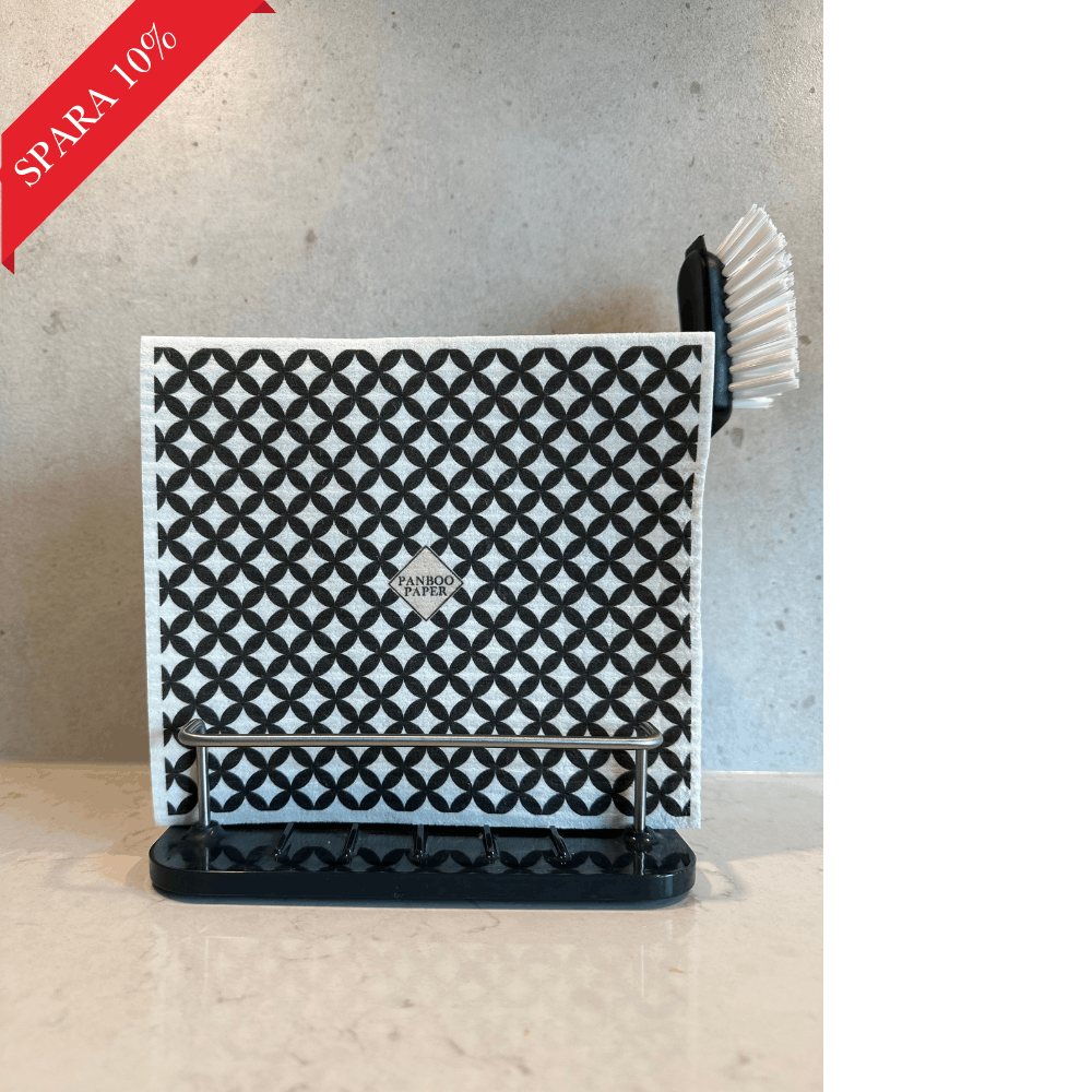 Premium disktrasor i hållare på marmorbänkskiva - elegant köksdesign med grått klinker och diskborste