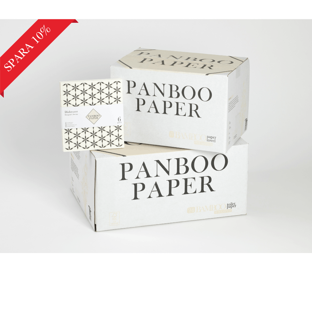 Familjepaketet från Panboo Paper - bambu toalettpapper 24-pack, hushållspapper 6-pack och disktrasor 6-pack, spara 10%