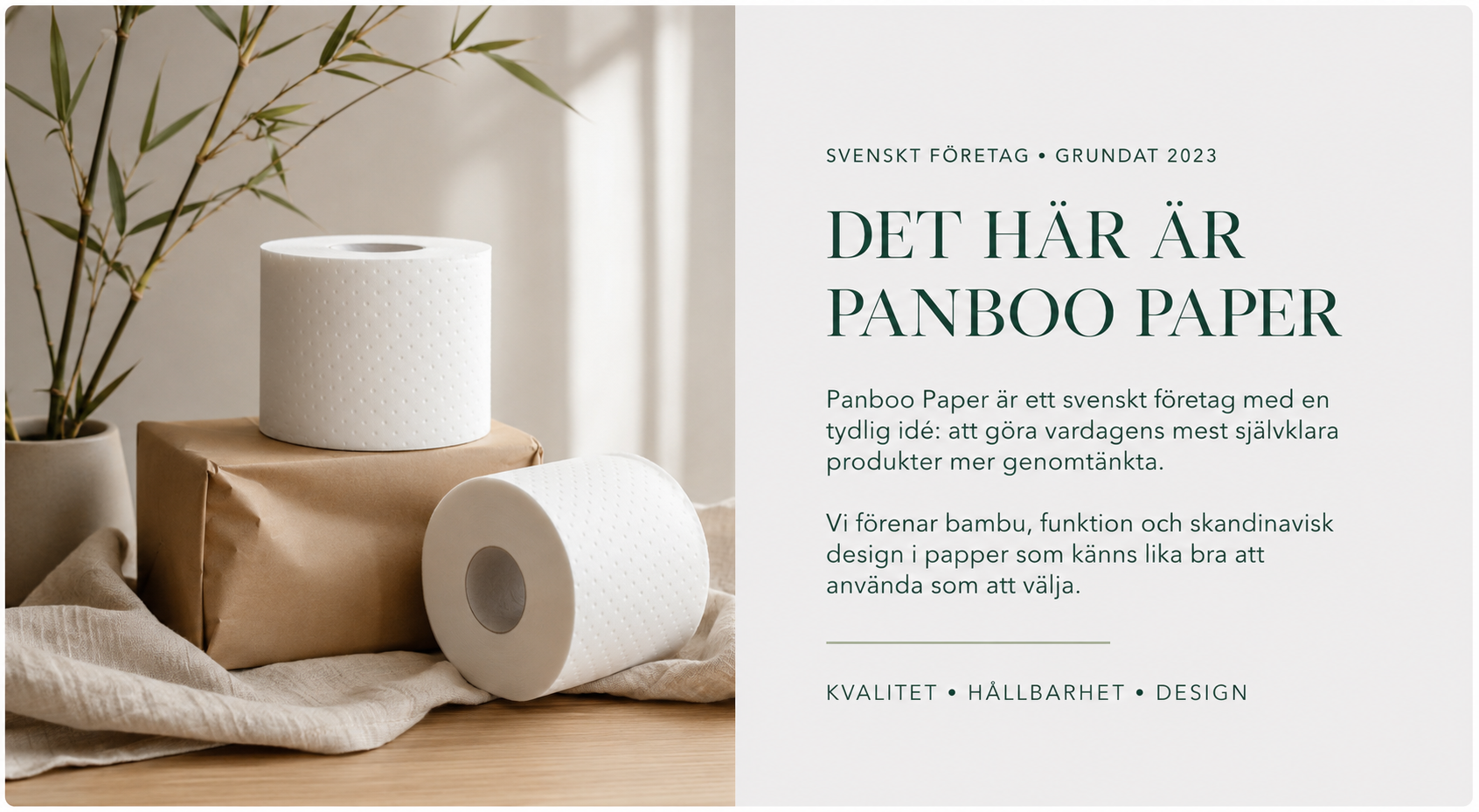 Vitt bambutoalettpapper med diskret prickmönster, bambu och kraftpappersförpackning