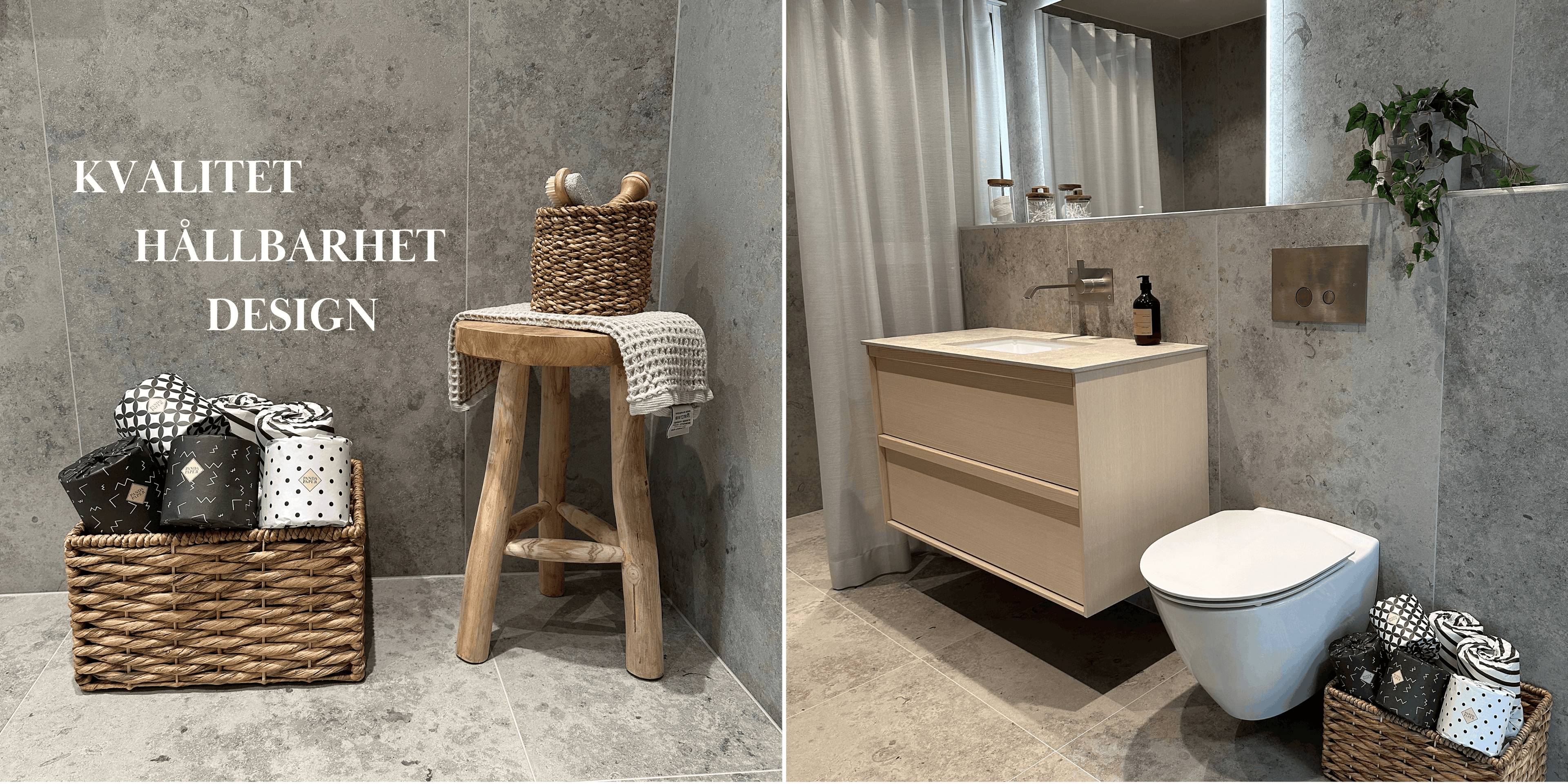Lyxiga badrum med bambu toalettpapper från Panboo Paper i eleganta korgar - badrumsinspiration